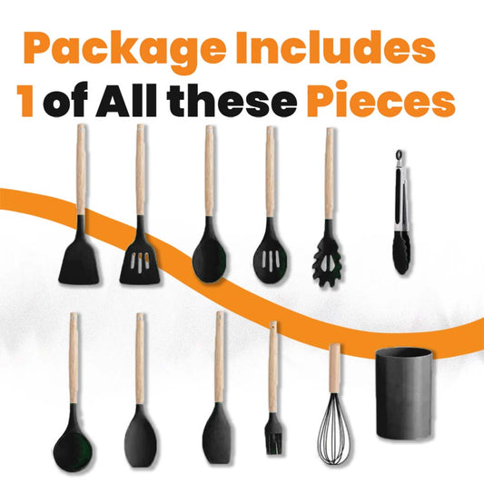 Kooking Silicone Kitchen Set black variant with kitchenware seperated by each peice showing what the package includes