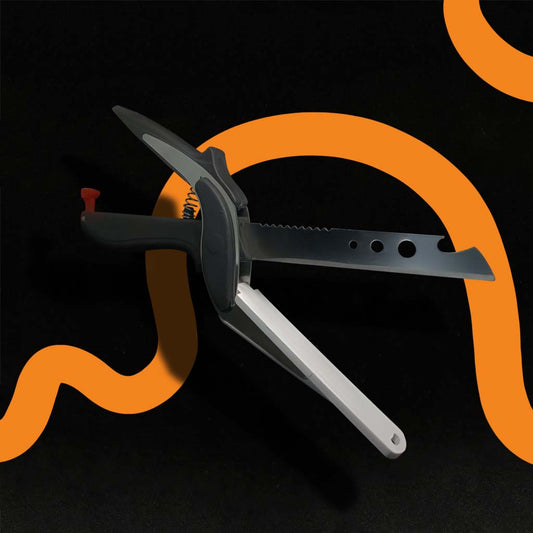 Kooking Vegetable Scissors kitchenware with built in cutting board from the front view in a black background